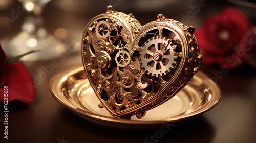 Ornate golden heart-shaped steampunk locket with gears and cogs on a silver plate with a dark background.
