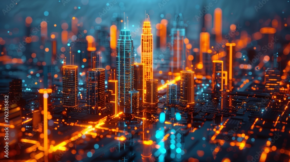 Abstract digital cityscape with skyscrapers and neon lights, representing urban development. Futuristic city concept. Abstract digital cityscape with skyscrapers and neon lights, representing urban development. Futuristic city concept.