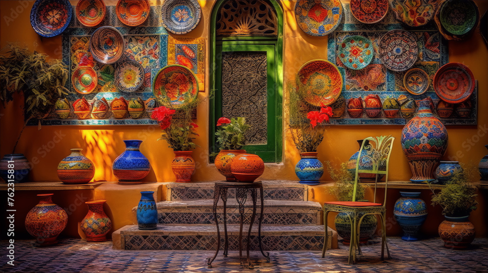 Colorful and intricate Moroccan-style mosaic tiles and pottery in a courtyard