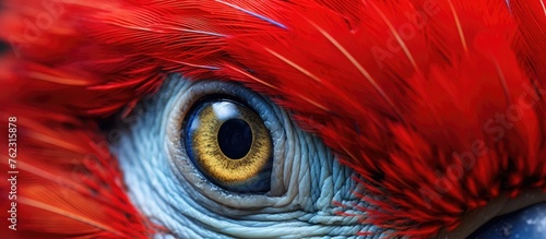 Close up of a parrots eye with vibrant red feathers, showcasing intricate details of the iris, eyelash, and feather. The electric blue backdrop adds an artistic touch to the image