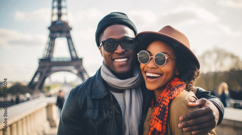 Happy cheerful Black couple in sunglasses on a blurred background of the Eiffel Tower. Tourists traveling in Europe, Paris. Horizontal banner with copy space. The Layout Of The Postcard, Cover, Poster