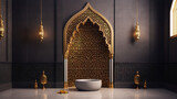 3D rendering of a Moroccan-style archway with intricate geometric patterns and golden accents, with a basin in front of it.