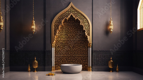 3D rendering of a Moroccan-style archway with intricate geometric patterns and golden accents, with a basin in front of it.