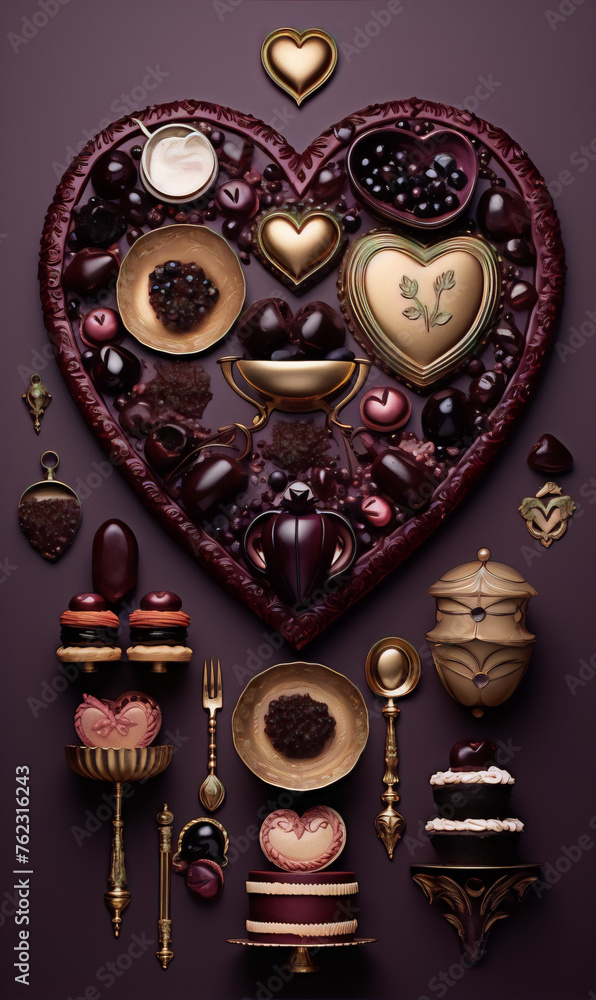 Still life of sweet things in the shape of a heart.
