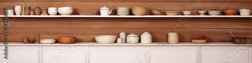 Various ceramic and wooden kitchenware on rustic wooden shelves against a wood grain background in warm colors.