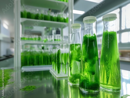 Glassware with green plant-based solutions in a bright lab setting.