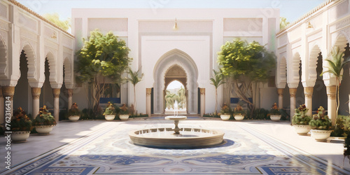 3D rendering of a Moroccan courtyard with intricate tile work,??,?????.