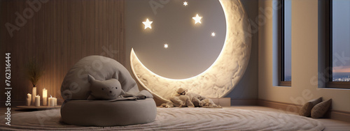 3D rendering of a cozy moon-shaped bed with a cat plushie and a teddy bear in a modern minimalist room with wood paneling and a large window.
