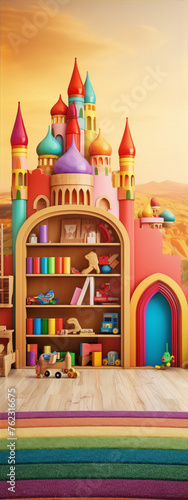 3D rendering of a colorful castle with a library inside and a rainbow rug in front of it.
