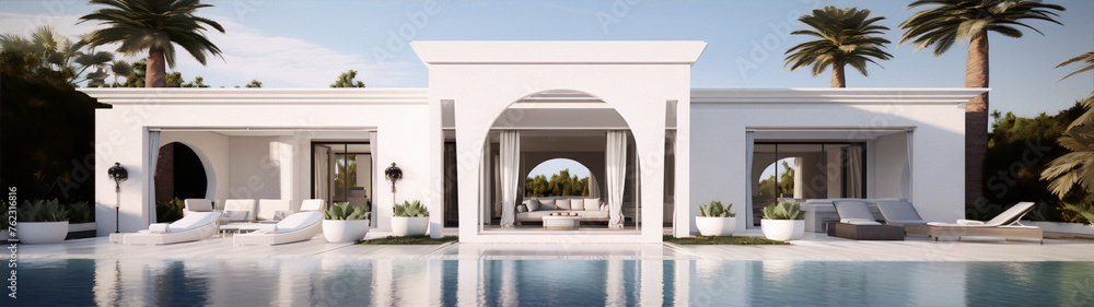 Modern villa with swimming pool and palm trees in 3d rendering Stock ...