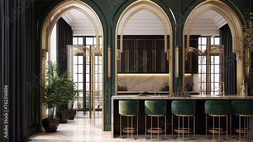 Luxury kitchen interior design with green marble and gold accents in art deco style