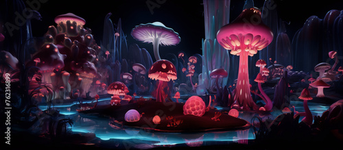 Glowing pink and purple mushrooms in a dark surreal landscape with blue water, 3D rendering.