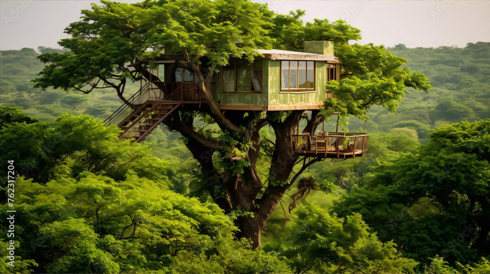 The image is a photo of a tree house in the middle of a forest. The ...