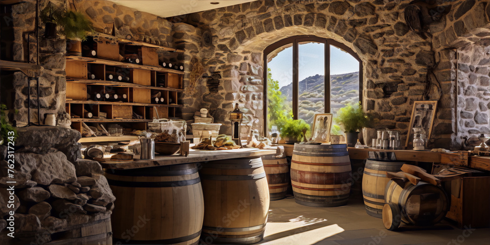 A stone room with wooden shelves, barrels, and a large window overlooking a hill. A stone room with wooden shelves, barrels, and a large window overlooking a hill.
