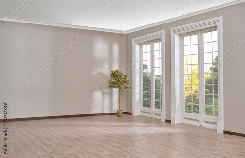 Empty room  wall  window  parquet style  interior concept  area for furniture sofa table carpet decoration.