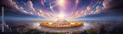 Fantasy landscape with a giant pie floating in the sky above a mountainous landscape. photo