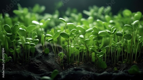 Macro photography of young sprouts of greenery in black soil
