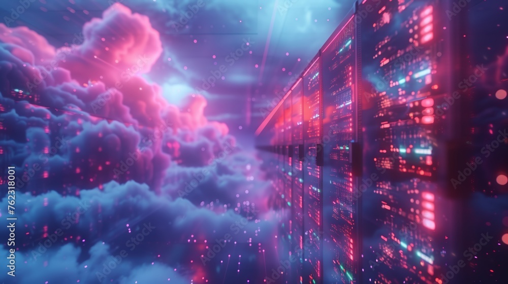 A network of servers and data centers connected via fiber optic cables, symbolizing the concept of cloud computing technology and data storage, Cloud computing infrastructure concept A network of servers and data centers connected via fiber optic cables, symbolizing the concept of cloud computing technology and data storage, Cloud computing infrastructure concept