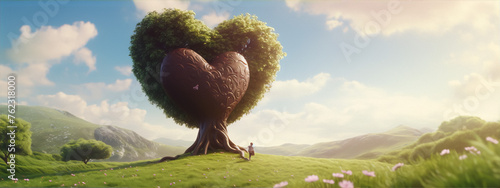 Surreal painting of a boy standing in a lush green field looking at a giant heart-shaped tree with a chocolate texture under a blue sky with white clouds.