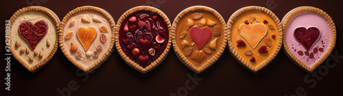 Five heart-shaped pies with various fillings and decorations.