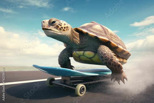A turtle races on a skateboard at high speed along an asphalt road