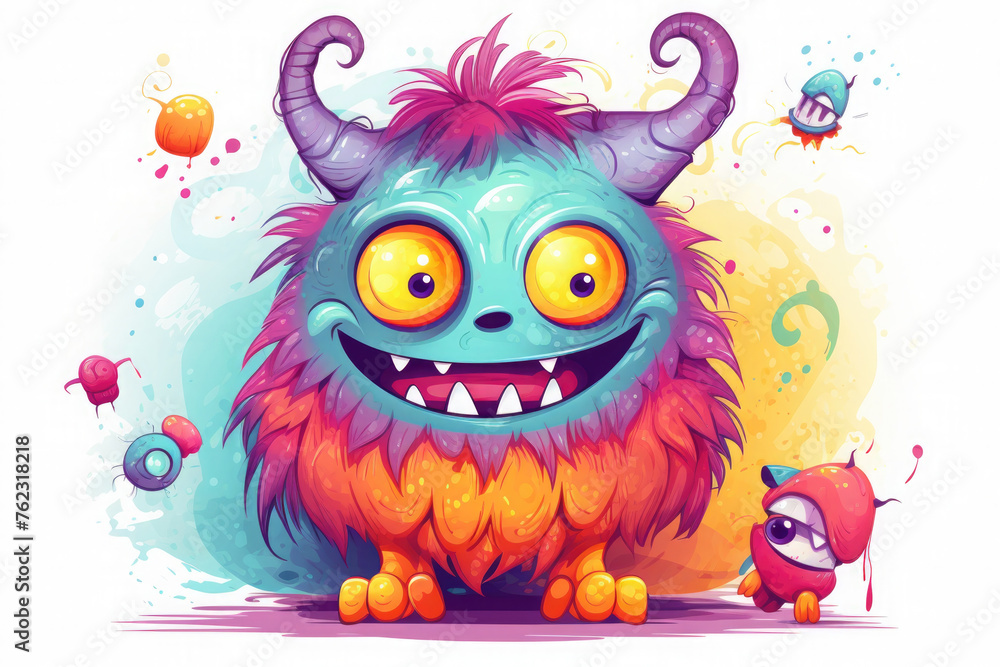 
Kind shaggy multicolored cartoon Monster with horns
