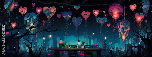 Surreal cartoon city night landscape with hearts, plants and a table under the night sky.