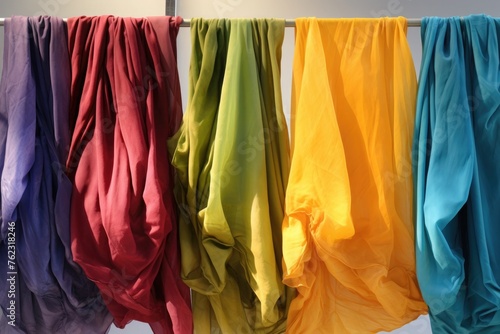 Pieces of brightly colored fabric, naturally dyed, dry on a hanger.