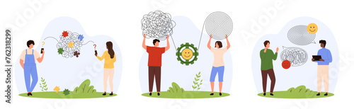 Dialogue understanding and communication problems set. Tiny people talking with misunderstanding online, characters unravel miscommunication chaos of threads in thoughts cartoon vector illustration