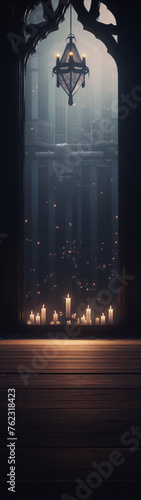 Dark Gothic church interior with candles and chandelier