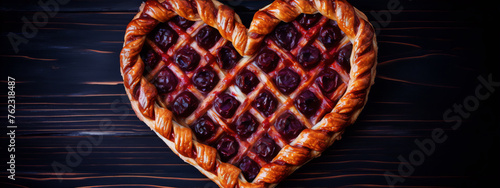 Heart-shaped cherry pie on a wooden table. Food, baking. photo