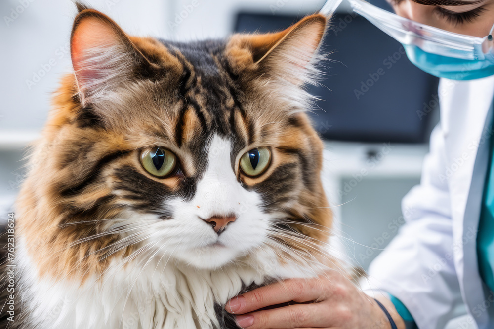 Serene cat in the gentle hands of the veterinarian, surrounded by the procedure table and medical equipment, creates the perfect image for celebrating Veterinarian Day.