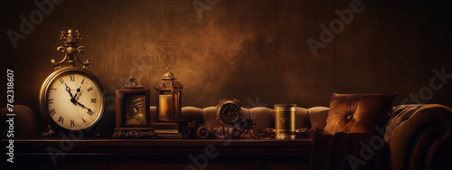 Still life photography of antique clock, books, and other objects on a wooden table with brown background