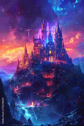 Vibrant castle in lunar fantasy land glowing structures wide angle cosmic glow photo