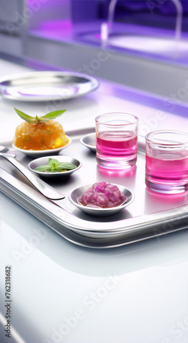 Futuristic molecular gastronomy with pink cocktails and amuse-bouche photo