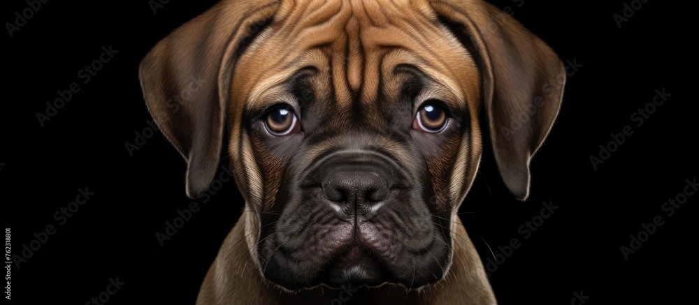 A close up of a Boxer dog, a giant dog breed in the Sporting Group, with a fawn coat and wrinkled snout, looking at the camera on a black background