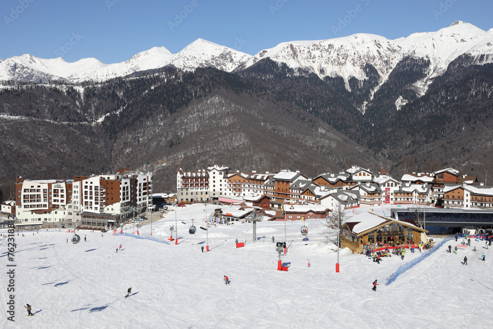 Rosa Khutor ski resort among mountains, In February 2014 the resort became the venue for the XXII Winter Olympic Games - obrazy, fototapety, plakaty 
