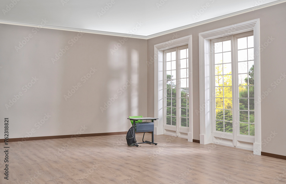 Fototapeta premium Empty room, wall, window, parquet style, interior concept, area for furniture sofa table carpet decoration.