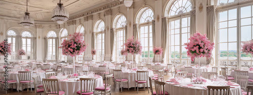 Pink flowers and tables in a grand ballroom photo
