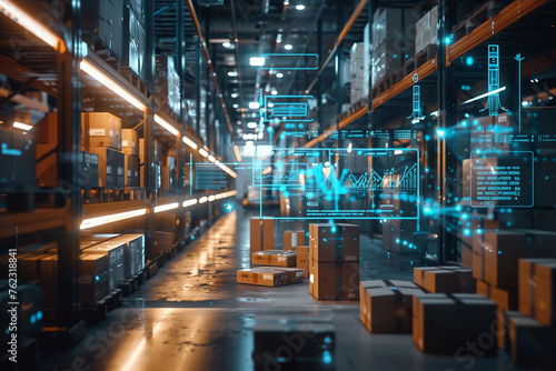 Futuristic Technology Retail Warehouse  Digitalization and Visualization of Industry 4.0 Process that Analyzes Goods Cardboard Boxes Products Delivery Infographics in Logistics Distribution Center