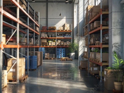 A spacious warehouse with rows of shelves stocked with boxes illuminated by natural daylight.