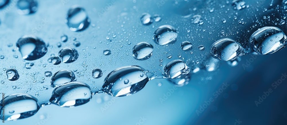 Macro photography capturing the beauty of water drops on a window. The electric blue liquid glistens with moisture, showcasing the science of dew event Macro photography capturing the beauty of water drops on a window. The electric blue liquid glistens with moisture, showcasing the science of dew event