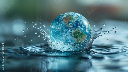 Water droplets forming the shape of continents on a globe, emphasizing the interconnectedness of water resources worldwide, Global water awareness concept