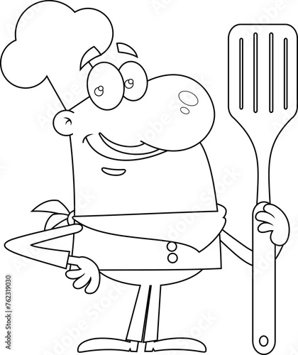 Outlined Smiling Chef Man Cartoon Character Holding A Big Spatula. Vector Hand Drawn Illustration Isolated On Transparent Background