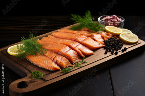 Artistic display of smoked salmon slices arranged elegantly on a rustic wooden serving board