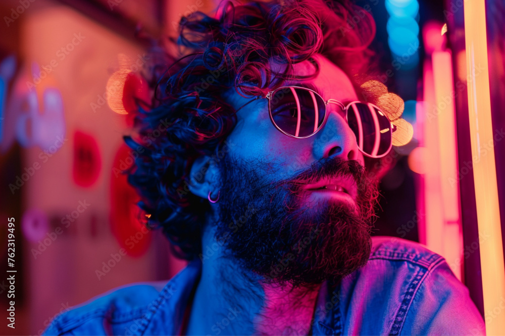 The fashionable man with fashion sunglasses short curly hair forward architect, lively, and construction coral futuristic landscape of neon lights, expressing the spirit of the digital age. The fashionable man with fashion sunglasses short curly hair forward architect, lively, and construction coral futuristic landscape of neon lights, expressing the spirit of the digital age.