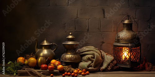 Still life with copper and brass objects, fruit and a lantern
