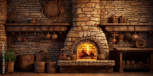 A cozy fireplace in a rustic stone cottage with cooking and eating utensils hanging on the walls. photo