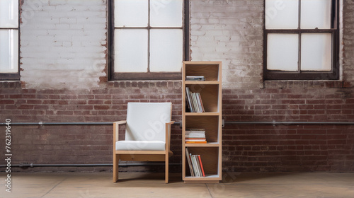 Minimalist still life of a wooden chair and bookshelf against a brick wall with windows.