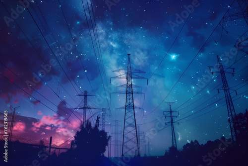 Overhead Electricity Transmission Lines with 3D Digital Visualization of Electricity. Epic Animation with Night Sky Full of Stars. Concept of Renewable Green Energy and Ecological Environment